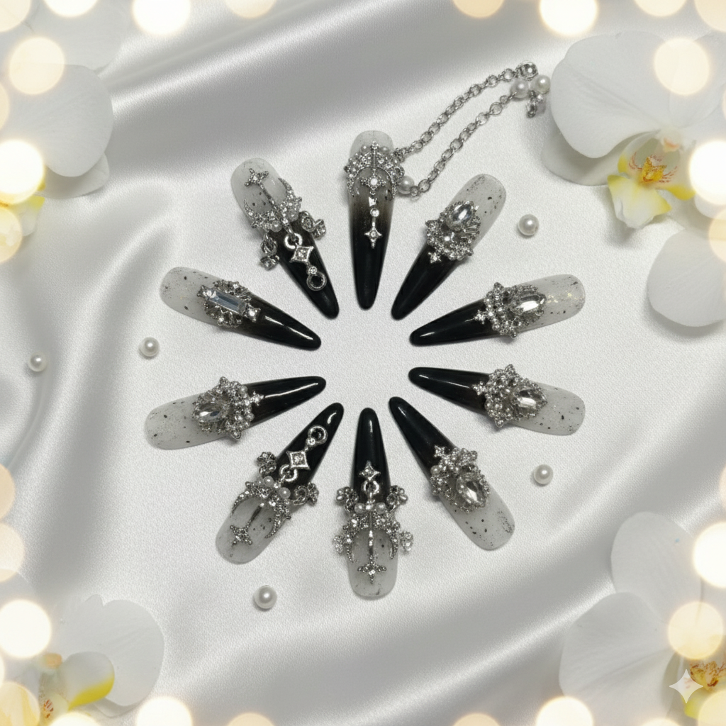 "Gothic Cross" 3D Press-On Nails | Dark Royalty Black & White Ombre Nails