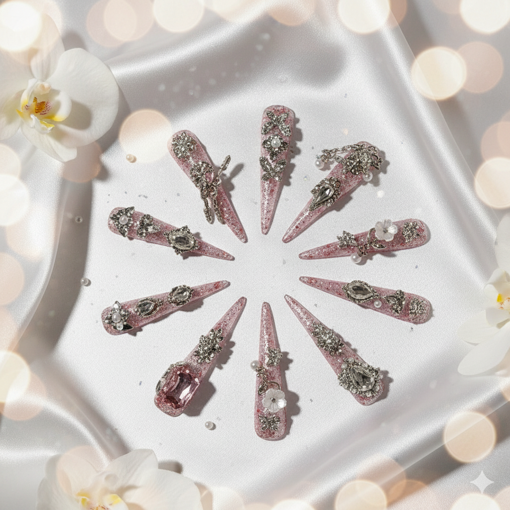 "Fairy Butterfly" 3D Press-On Nails | Y2K Coquette Pink Glitter Nails