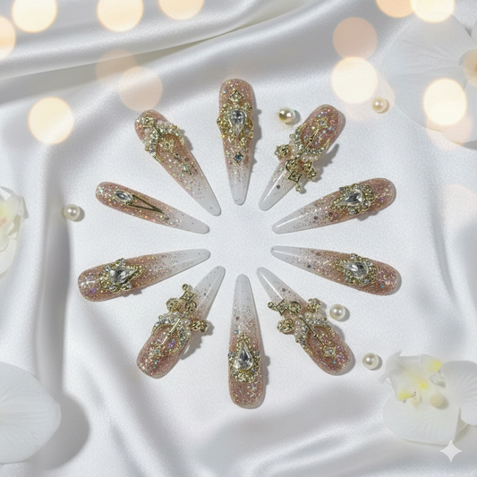 "Champagne Cross" 3D Press-On Nails | Y2K Glam Rose Gold Ombre Nails