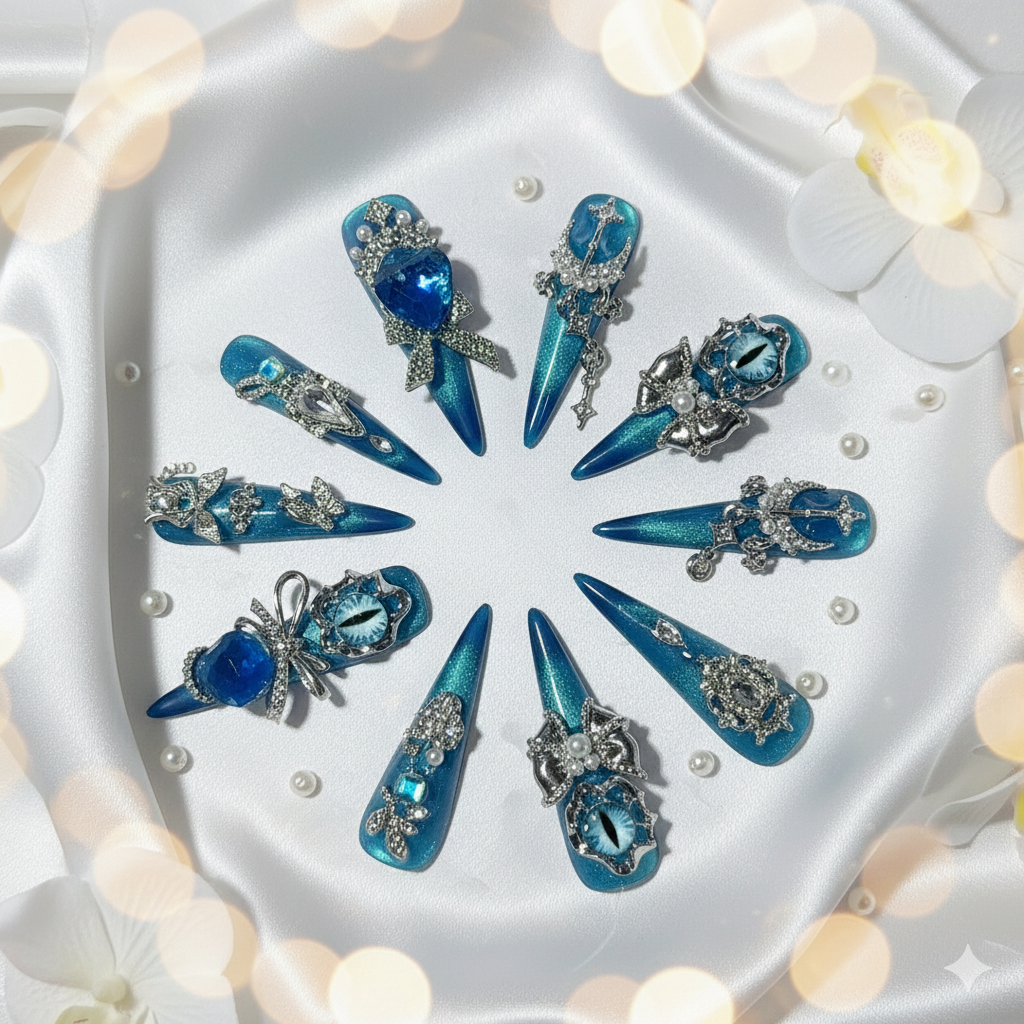 "Deep Sea Eye" 3D Press-On Nails | Y2K Glam Statement Nails with Sapphire Bows